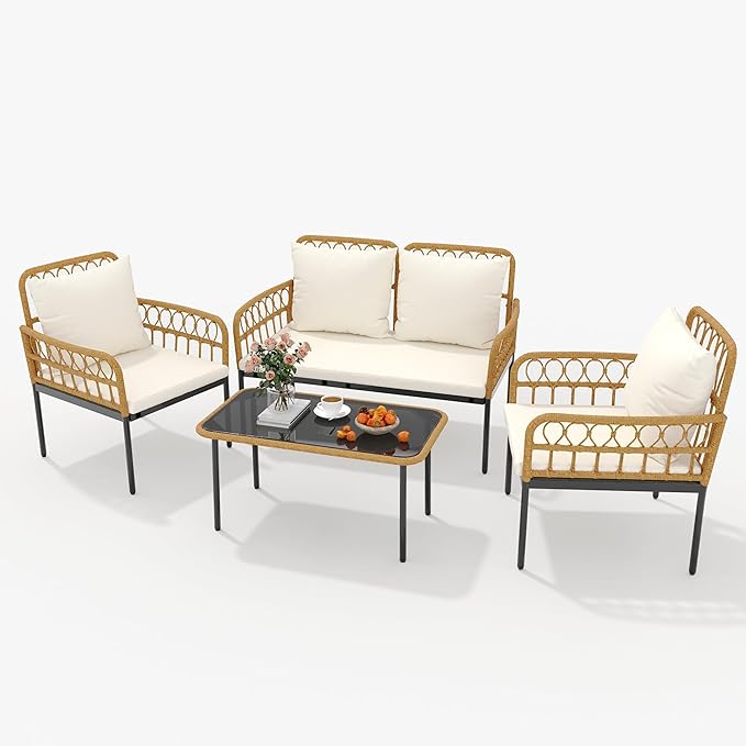 4 Piece Outdoor Patio Furniture Set PE Wicker Loveseat and Chairs with Glass Coffee Table Bohemian Rattan Conversation Set for Patio Garden Balcony