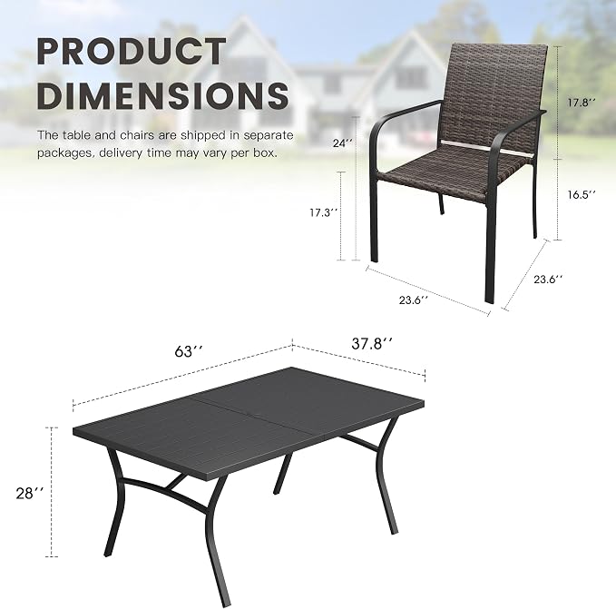 Outdoor Dining Set for 6, 63.1" Metal Rectangular Outdoor Dining Table with Umbrella Hole and Wicker Stackable Patio Chairs, 7 Pieces Patio Table and Chairs Set for Garden Backyard, Black