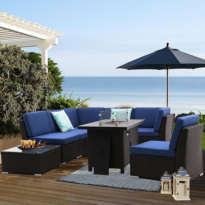 8 PCS Patio Sofa Set with Firepit Table Tempered Coffee Table Outdoor Sectional Set Patio Conversation Set Patio Furniture Sets All Weather with Thick Cushion, Rattan Handwoven