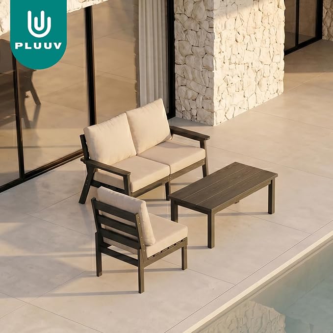 PLUUV 4-Piece HDPE Patio Sofa Set, All-Weather Outdoor Sectional Furniture with Thick Cushions, Modular Couch Set for Deck, Lawn, Gray Frame with Khaki Cushion