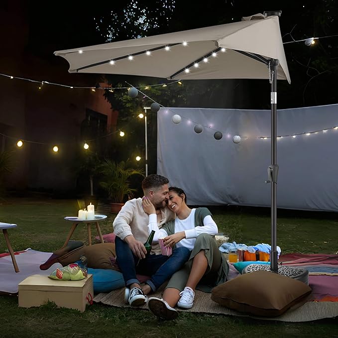 9ft Solar Half Umbrellas Outdoor - LED Half Patio Umbrella with 25 Lights, UV Protection Waterprool, Half Round Umbrella for Wall Balcony, Pool, Porch, Garden, Deck, Backyard, Taupe