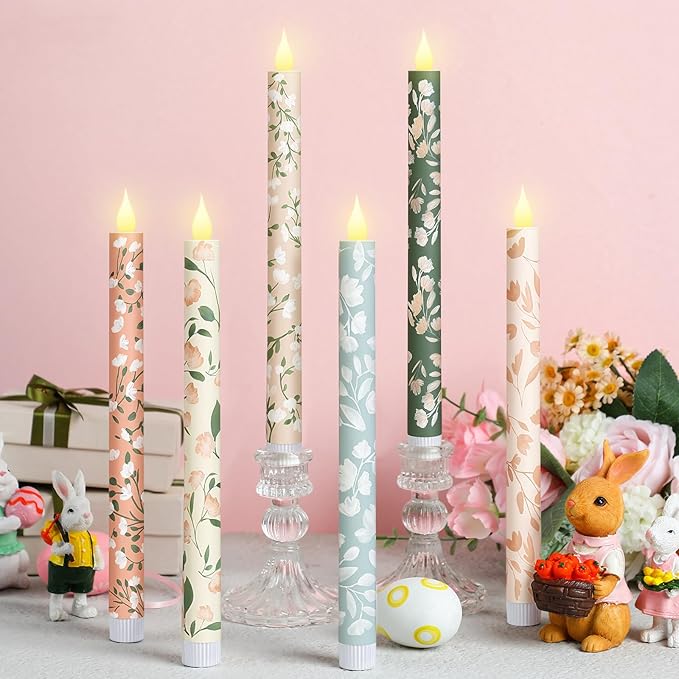 Honoson 6 Pcs Mother's Day Flameless Taper Candles 10.6 Inch Pastel Spring Flower Candles Battery Operated LED Candlesticks for Mother's Day Dinner Table Home Party Decor