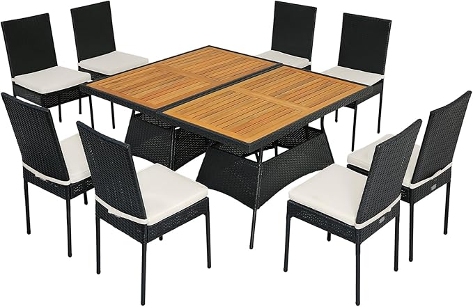 Tangkula 10 Piece Wicker Patio Dining Set, Outdoor Rattan Table & Chairs Set with Padded Cushions, Patio Furniture Dining Acacia Wood Table Set for Balcony Patio Garden Poolside