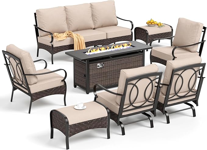 Patio Furniture Set with 56" Fire Pit Table, Premium Outdoor Wicker Metal Frame Furniture with Upgraded Waterproof Thick Cushions for Porch, Poolside, Deck, and Yard (7 Pieces,Beige)