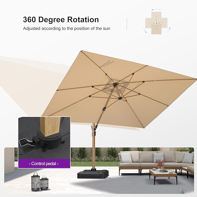 PURPLE LEAF 10‘ x 13’ Rectangle Patio Cantilever Umbrella Large Hanging Umbrella Teak Finished Aluminum Frame Windproof Offset Outdoor Sun Umbrellas for Beach Pool Deck, Beige