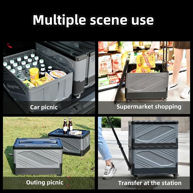Versatile Outdoor Storage Bins with Lids, Deck Box, Folding Trolley, Shopping Cart and Camping Storage Box for Camping, Picnics and Shopping
