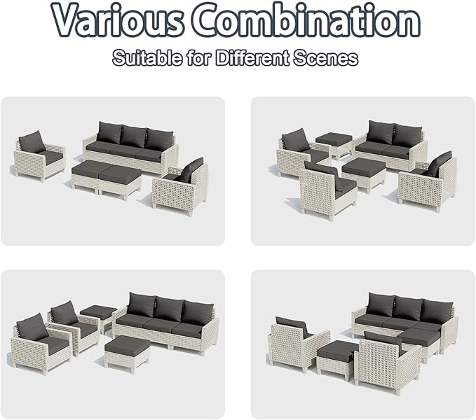 Outdoor Patio Furniture Set with Rattan Fire Pit Table 8-Piece Modular Wicker Sectional Sofa with Ottomans and Thick Cushions, Modern Rattan Outdoor Conversation Couch, Black