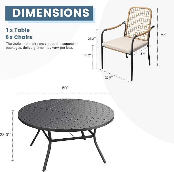 DIFY 7 Pieces Outdoor Dining Set, Metal Patio Table and Chairs Set for 6, 50" Round Dining Table with Umbrella Hole & Wicker Stackable Patio Chairs with Cushions, Black Tabletop