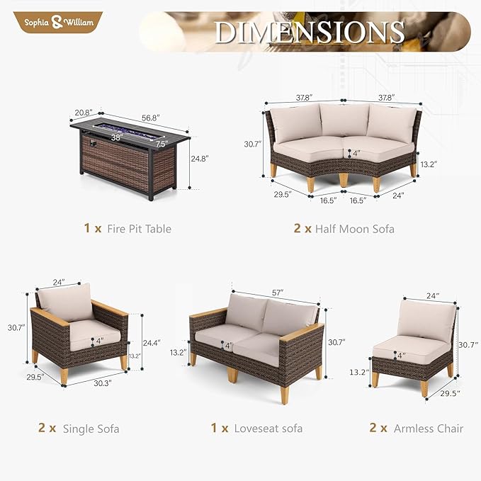Sophia & William Patio Furniture Set with Fire Pit Table, 9 Piece Half Moon Outdoor Wicker Sectional Sofa Set, Rattan Conversation Set with 56-Inch Fire Pit Table for Backyard, Deck, Pool(Beige)