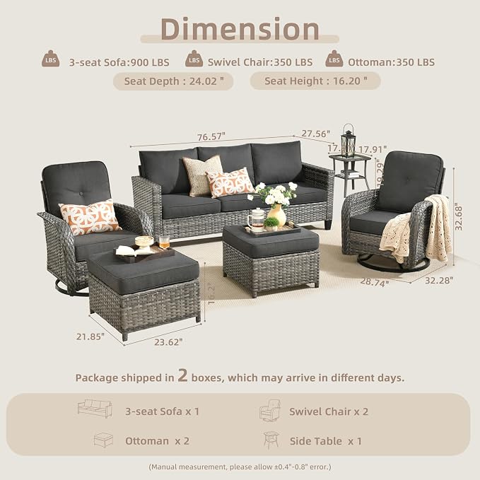 CAODOC 6 Pieces PE Wicker Patio Furniture Set, Outdoor Sectional Sofa with Swivel Chairs, Modern Rattan Conversation Set for Yard, Garden, Lawn, Deck, and Backyard