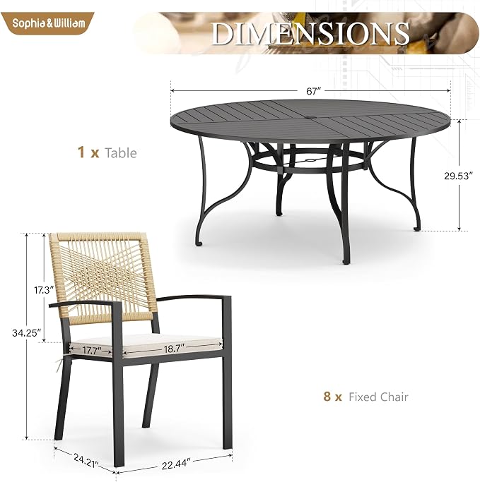 Sophia & William 9pc Patio Dining Set, 67" Round Table, Wicker Chairs | Outdoor Dining Set for 8, Round Patio Dining Table Set with Patio Wicker Chairs for Garden, Porch, Backyard, Deck