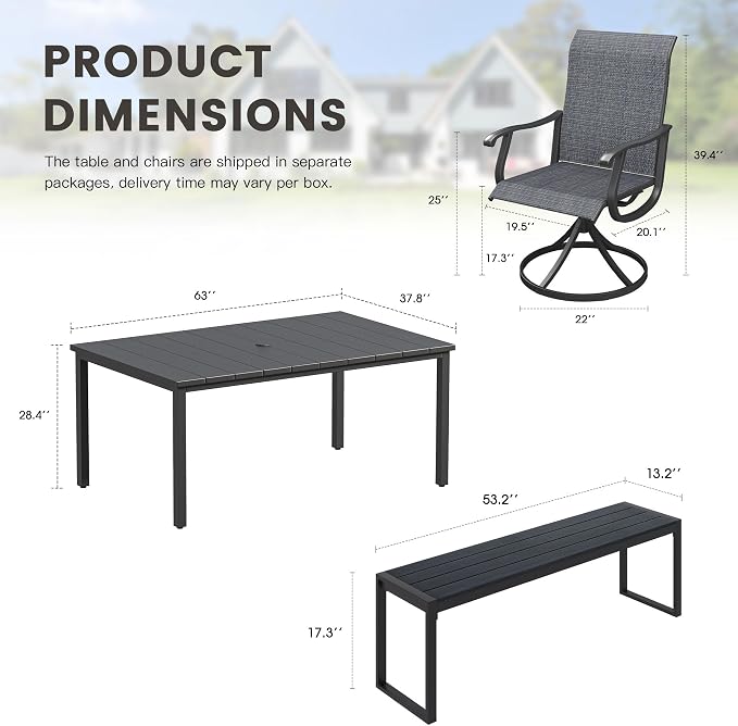 6 Pieces Outdoor Dining Set, Patio Table and Chairs Set with 53" Garden Bench for 6-7 People, 63" Outdoor Dining Table and Swivel Patio Chairs for Deck Backyard, Charcoal and Black