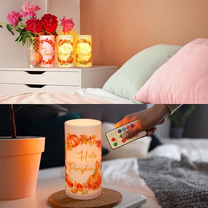 Retisee 3 Pcs Thanksgiving Flameless LED Candles Pumpkin Wreath Battery Operated Candles with Remote Thanksgiving Pumpkin Decor for Table Centerpiece Bedroom Living Room Fall Autumn Decorations