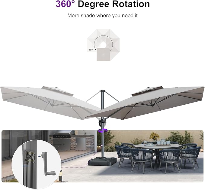 PURPLE LEAF Patio Umbrella with Base Included 12FT Outdoor Double Top Large Offset Hanging Cantilever Umbrella 360° Rotation Square Umbrella for Garden Deck Pool Backyard Cast Ash