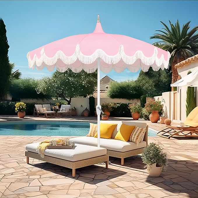 7.5ft Pagoda Patio Umbrella with Fringe, UPF50+ Tassel Umbrella with Crank & Fiberglass Ribs, Holiday Outdoor Umbrella for Garden Pool Lawn Yard Table