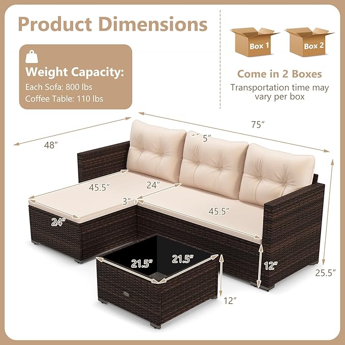 HAPPYGRILL 4-Seats Outdoor Wicker Furniture Set, L-Shaped Sectional Couch Set w/Tempered Glass Coffee Table & Soft Cushions, Patio Seating w/Left or Right Assembly for Yard, Porch