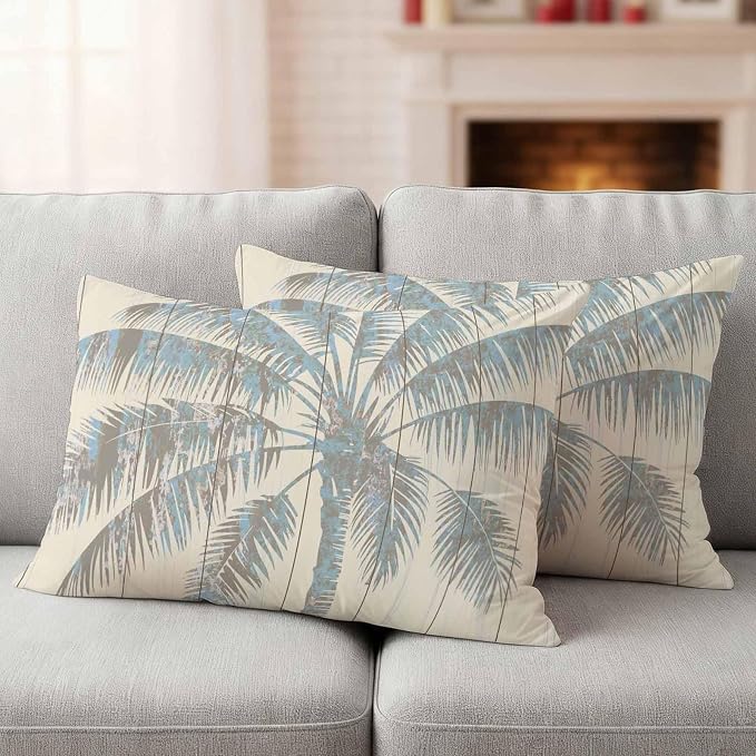 Summer Palm Trees Waterproof Outdoor Pillow Covers 20''x12'' Set of 2, Summer Wood Grain Patio Furniture Vintage Cushion Covers for Chairs, Decorative Blue Tropical Pillow Cases for Garden/Pool/Beach