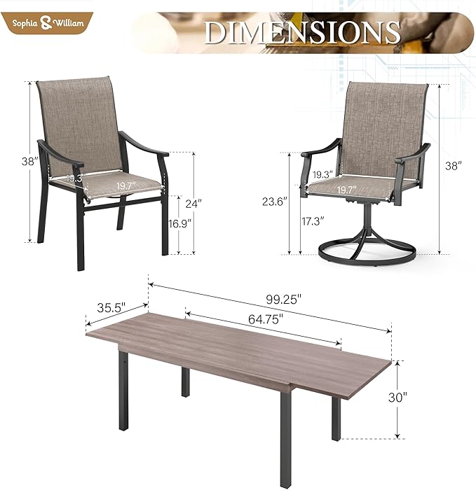 Sophia & William Patio Dining Set for 6, 4 x Patio Dining Chairs and 2 x Swivel Dining Chairs, Large 99" Wooden Texture Outdoor Dining Table and Chairs for Lawn, Park