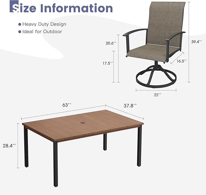 VICLLAX 7 Pieces Patio Dining Set, Patio Furniture Set of Metal Outdoor Table with Umbrella Hole and 6 Swivel Patio Chairs for Backyard Lawn, Mixed Brown & Walnut