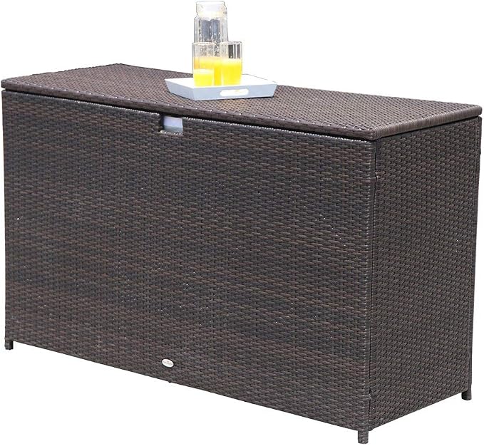 Patiorama Outdoor Wicker Storage Box Patio Aluminum Frame Espresso Brown Wicker Cushion Storage Bin Deck Box, 120 Gallon