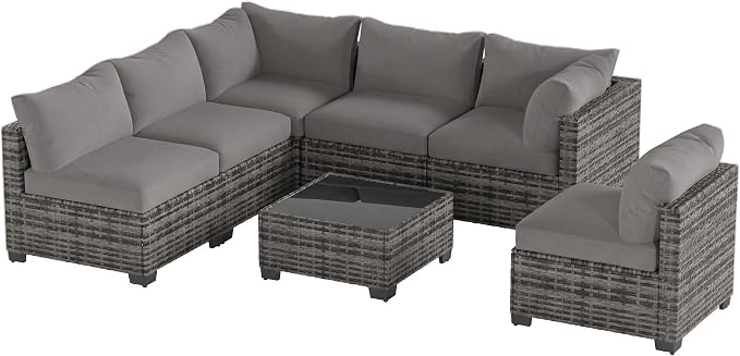Patio Furniture Set 7 Pieces Conversation Set Wicker Outdoor Sectional Sofa,Ergonomic Armrests Couch with Cushion and Glass Table (Light Grey-Light Grey, 7 Piece-Single)