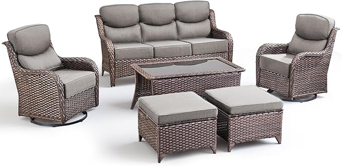 Luxury 6 Pieces Outdoor Patio Furniture Set-All Weather Wicker Outdoor Furniture with Swivel Rocker Patio Chairs 6-inch Extra Thick Cushions Wicker Conversation Set for Garden Porch(Brown/Grey)