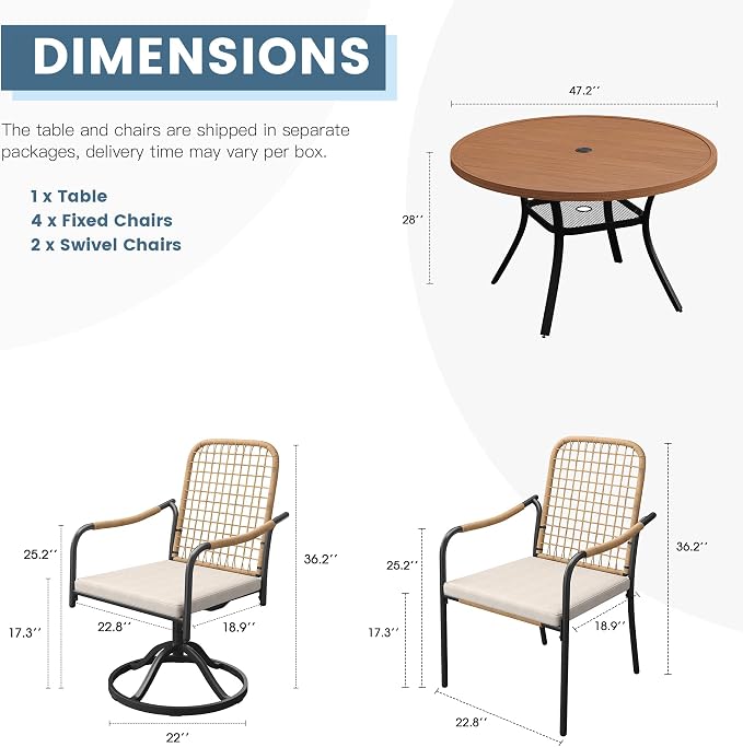 DIFY 7 Pieces Outdoor Dining Set for 6, Patio Furniture Set of 6 Wicker Patio Chairs with Soft Cushions and 47.2" Walnut Round Metal Table with Umbrella Hole, for Backyard Garden Deck, Wheat Rattan