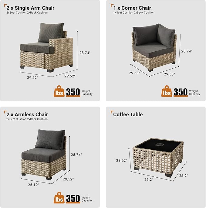 ovios 6 Piece Patio Sectional Furniture, Rattan Wicker Coversation Couch Set, Outdoor Sofa Set for Outside Porch Balcony Backyard Pool,Black