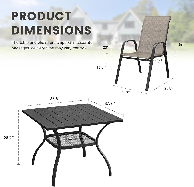 5 Pieces Outdoor Dining Set, 37.8" Square Table with Umbrella Hole & Stackable Patio Dining Chairs, Patio Table and Chairs Set for Deck Garden Porch, Brown Chairs & Black Table