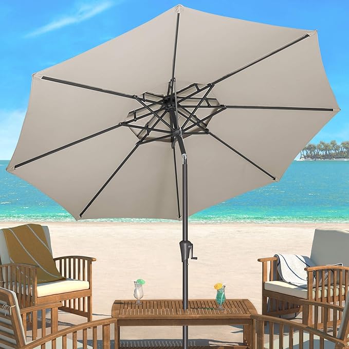 9ft Outdoor Patio Umbrella - 2-Tier Table Umbrella Waterproof UV Protection, Sombrillas de Patio with Push Button Tilt, Sun Umbrella for Pool, Porch, Garden, Backyard (Taupe)
