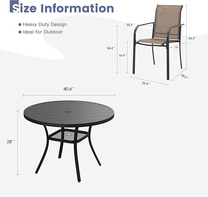 VICLLAX Round Outdoor Dining Set, Patio Table and Chairs Set Set of 4 Patio Stackable Chairs and 40.6" Outdoor Round Table with Umbrella Hole for Backyard Lawn Garden, Brown Chairs and Black Table