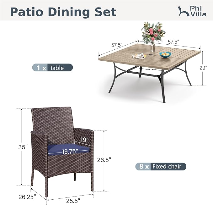 PHI VILLA 9 Pieces Square Outdoor Dining Set for 8, 57” Wood-Like Large Metal Steel Dining Table & Rattan Wicker Chairs with Cushions, Dining Furniture Set for Patio, Deck, Yard, Porch