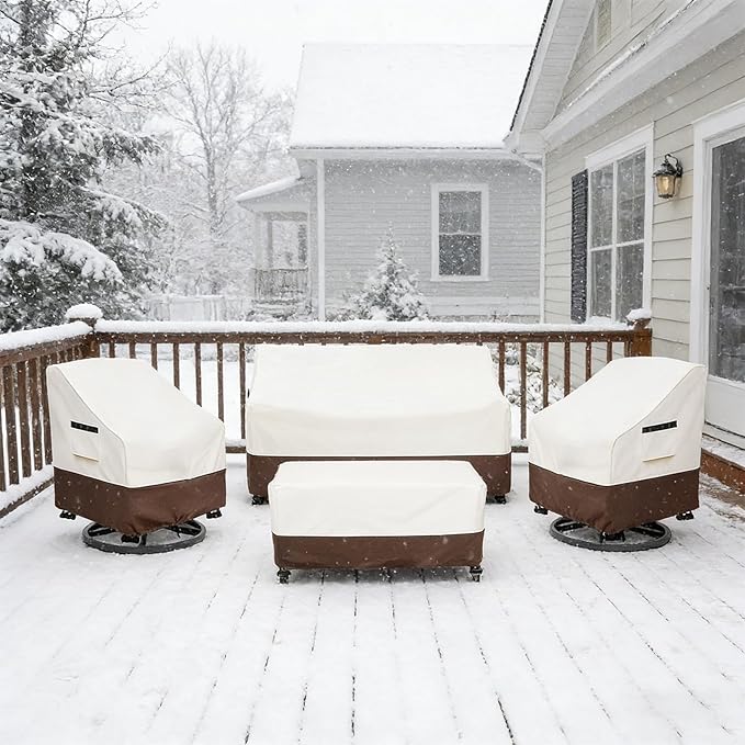 Patio Furniture Covers 4 Piece Set, 600D Heavy Duty Outdoor Furniture Covers Waterproof for Patio 3-Seater Sofa,Swivel Rocker Chair and Coffee Table Furniture Set,Beige & Brown
