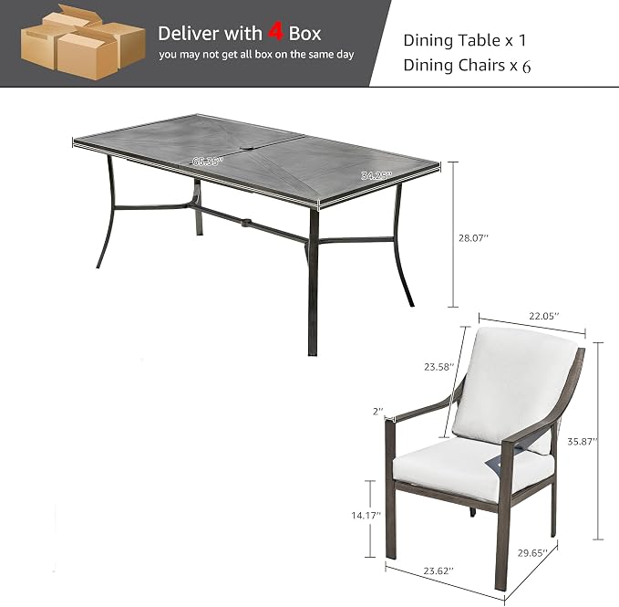 NATURAL EXPRESSIONS 7 Piece Patio Dining Table Outdoor Furniture Set for 6, 6Pcs Fixed Dining Chairs with Olefin Cushions, 65”Large Dining Table with Umbrella Hole