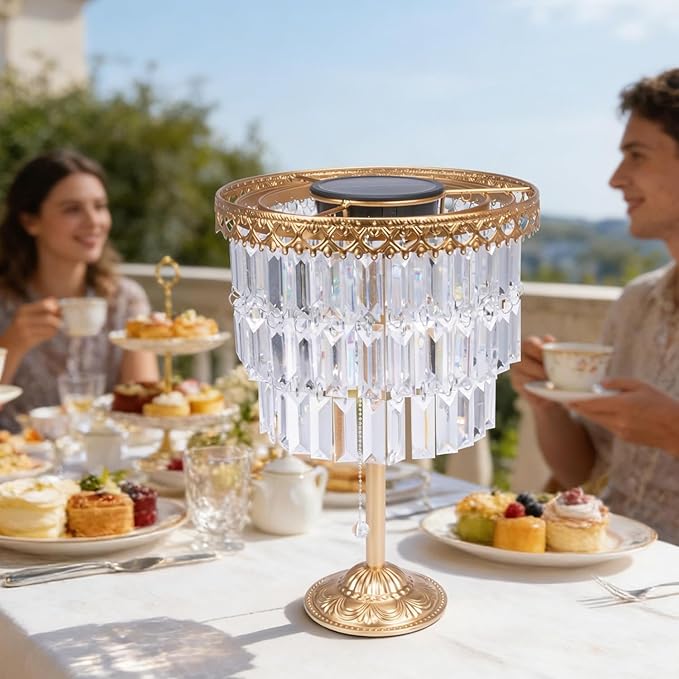 HUYIENO Solar Crystal Table Lamp Cordless Rechargeable LED Desk Light Dimmable 2 Color Modes (Warm/White), Waterproof Outdoor Metal Lamp for Patio, Balcony, and Bedroom Decor