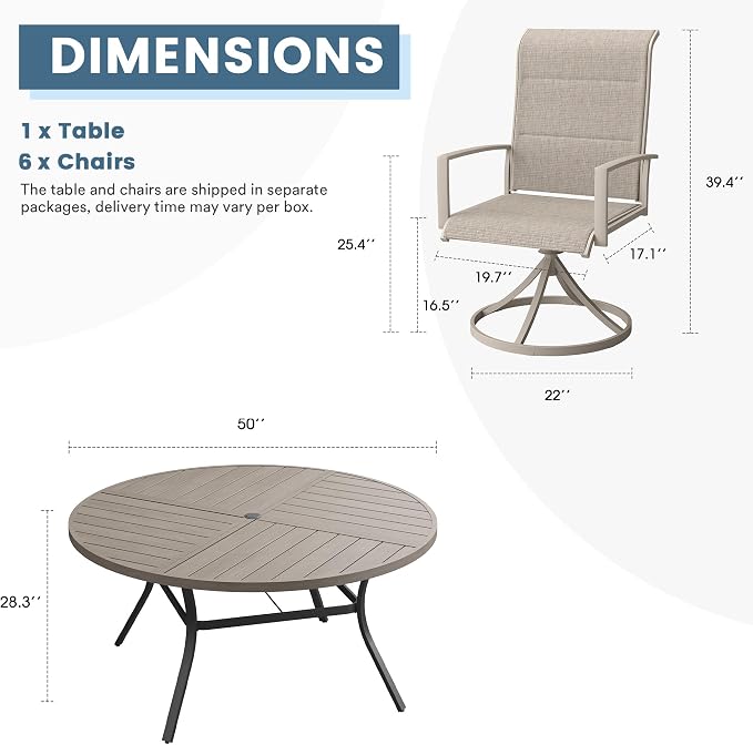DIFY 7 Piece Outdoor Dining Set, Metal Patio Table and Chairs Set, 50" Grey Wood-Like Round Dining Table & 6 Sandshell Padded Textilene Swivel Patio Chairs, Outdoor Furniture Set for Garden Backyard