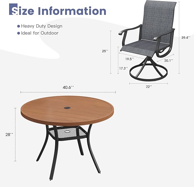 VICLLAX 5 Pieces Outdoor Dining Set, Patio Furniture Set of 4 Patio Swivel Dining Chairs and 41" Patio Round Table with Storage Shelf, Dark Charcoal Chairs & Walnut Tabletop