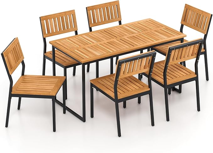 Tangkula 7 Piece Outdoor Dining Set for 6, Acacia Wood Rectangular Dining Table & 6 Armless Chairs w/Metal Frame, Umbrella Hole, Farmhouse Dining Furniture Set for Garden Porch Poolside