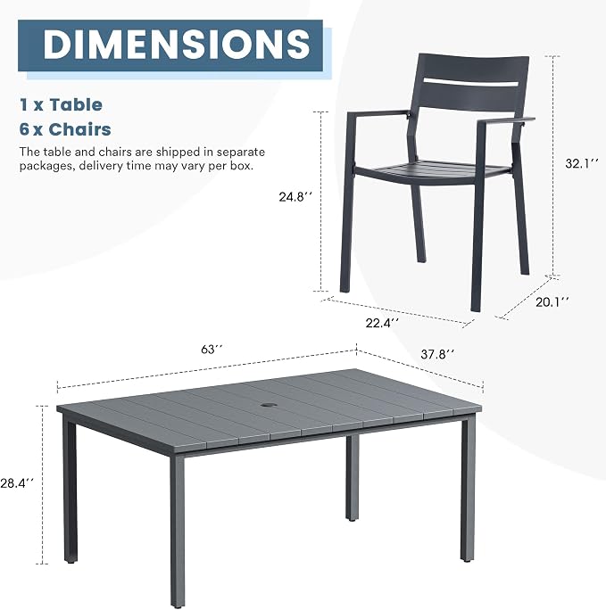 DIFY 7 Pieces Outdoor Patio Dining Set, 6 Grey Stackable Metal Dining Chairs and 63" Grey Rectangle Dining Table, Outdoor Table and Chairs for Lawn Garden Backyard Deck
