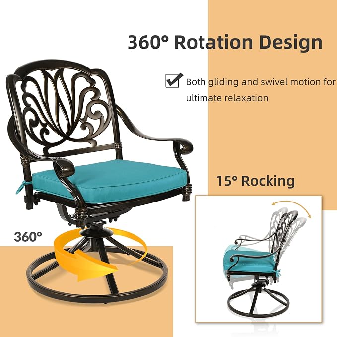 5 Piece Patio Dining Set, Outdoor Table and Chairs Set for 4 Cushioned Swivel Rocking Chairs and 35.4'' Round Table, All-Weather Cast Aluminum Patio Funiture Set, 2'' Umbrella Hole, Blue