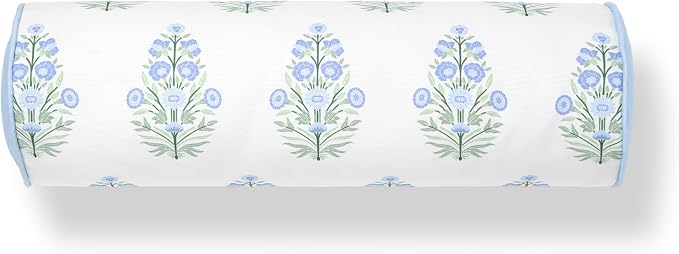 Hofdeco Premium Coastal Grandmillennial Patio Indoor Outdoor Bolster Pillow Cover Only, 6"x20" Water Repellent for Backyard, Couch, Poolside, Baby Blue Print Flower