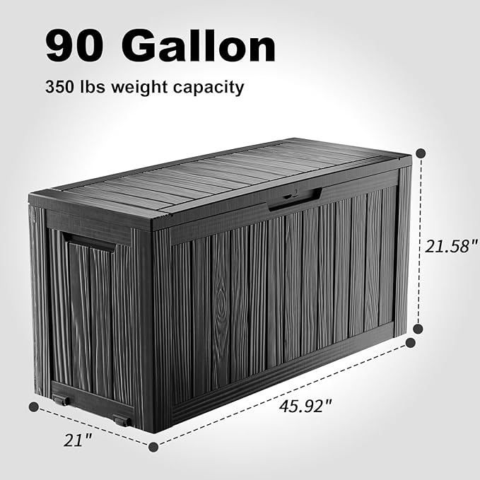 90 Gallon Deck Box Outdoor, Waterproof Outdoor Storage Boxes with Lids, Outside Resin Lockable Storage Box for Patio Cushions, Garden Tools(Black)