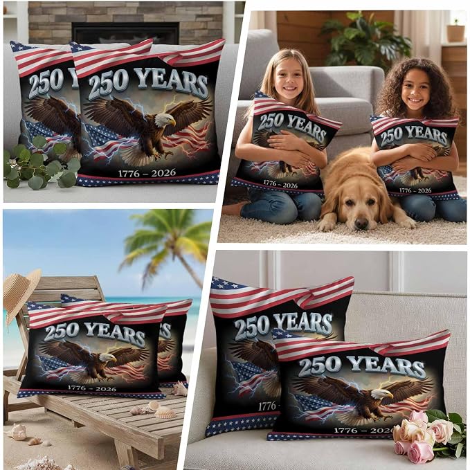 250th Anniversary USA Outdoor Waterproof Throw Pillow Covers 26x26 Set of 2, Independence Day Eagle Flag Decorative Pillowcases Cushion Pillowcase for Couch Sofa Patio Outside Pillow Protector