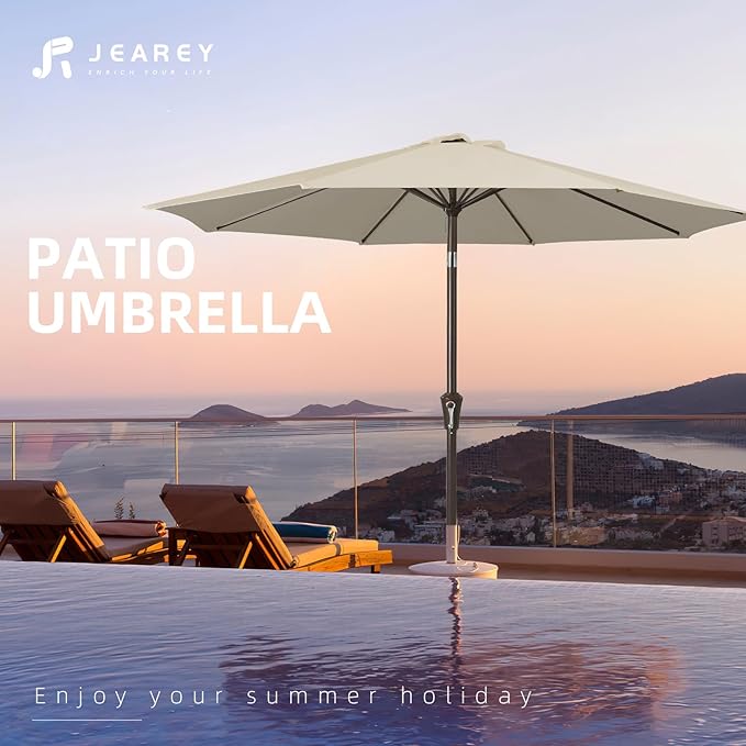 JEAREY 9FT Outdoor Patio Umbrella Outdoor Table Umbrella with Push Button Tilt and Crank, Market Umbrella 8 Sturdy Ribs UV Protection Waterproof for Garden, Deck, Backyard, Pool (Tan)