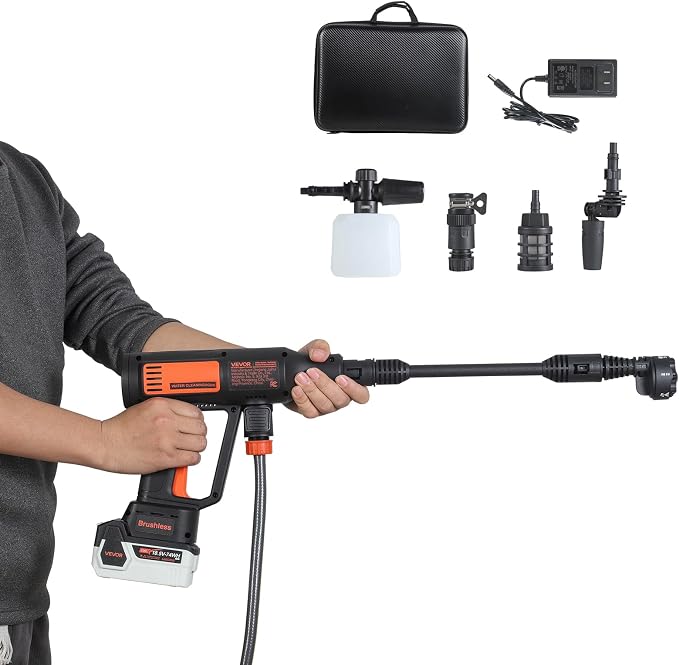 VEVOR Cordless Pressure Washer, 1200PSI MAX Portable Pressure Washer with Brushless Motor, 6-in-1 Nozzle & Water Hose, 4 Speed Adjustable, Battery Powered Handheld Power Cleaner for Home Garden Patio