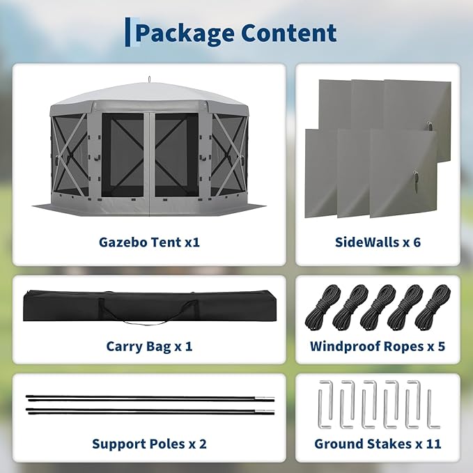 GarveeLife 13x13FT 6-Sided Pop Up Canopy Tent,One-Push Setup Canopy Tent with Removable Canopy Top & Wind Cloths, Outdoor shelter for Camping, Backyard Parties, Outdoor Events - Grey