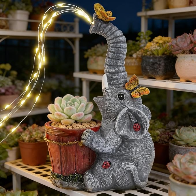HUYIENO Solar Elephant Statue Garden Light Cute Resin Outdoor Decor with Watering Can Fairy Lights Waterproof Yard Patio Lawn Decoration Unique Gift for Elephant Lovers