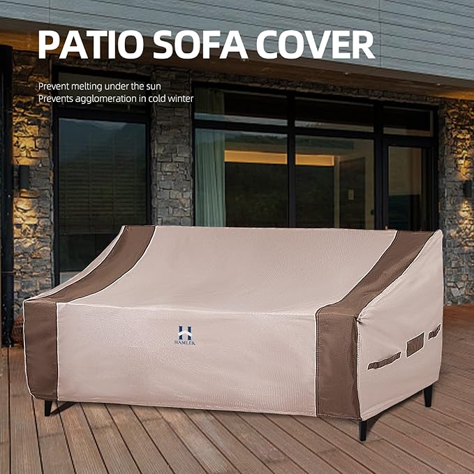 HAMLER Patio Sofa, Heavy Duty Waterproof Couch Cover - 3-Seater Outdoor Loveseat & Sofa Cover - Air Vents & Handles - Fits Up to 84"W x 42"D x 24"H - Brown & Beige