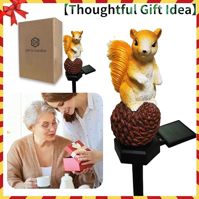 QH & Garden Solar Outdoor Lights Squirrel Garden Statues Decor,Resin Squirrel Solar Light Birthday Gifts for Mom- Waterproof Cute Animal Figurine Lights for Balcony, Yard, Lawn, Pathway, Walkway