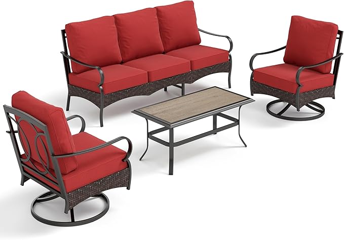 PHI VILLA Outdoor Modern Patio Furniture Set, Upgraded Wicker & Metal Patio Furniture Conversation Set with Waterproof Thick Cushions for Porch, Poolside, Yard (4 Pieces,Red)